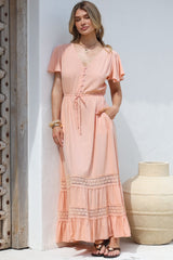 Narissa Maxi Dress - A-Line Dress with Lace Splicing and Flutter Sleeves in Blush