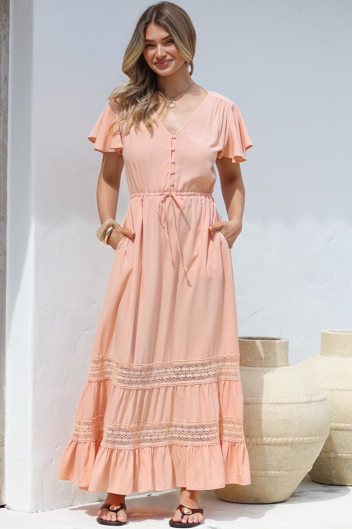 Narissa Maxi Dress - A-Line Dress with Lace Splicing and Flutter Sleeves in Blush