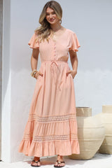 Narissa Maxi Dress - A-Line Dress with Lace Splicing and Flutter Sleeves in Blush