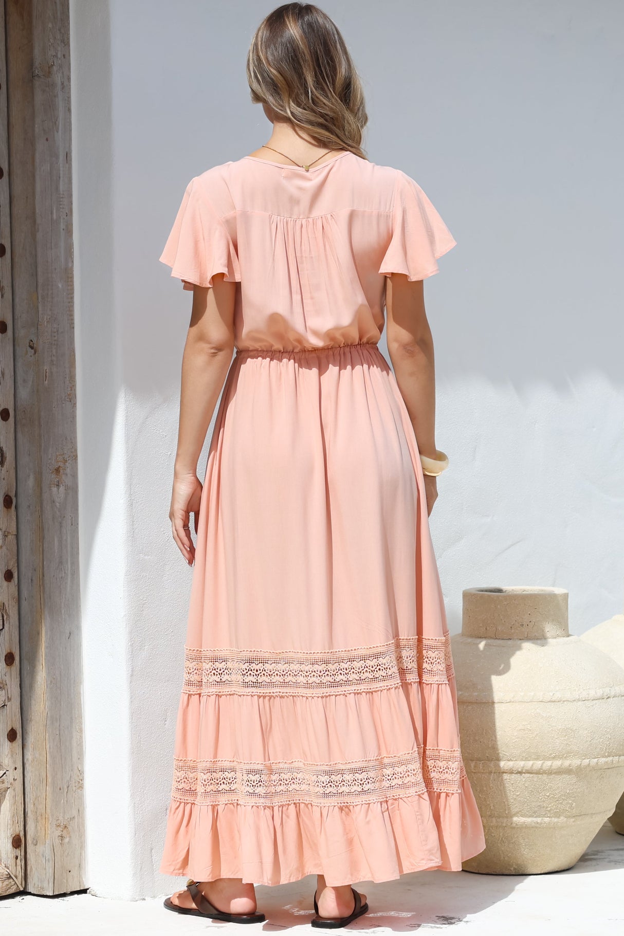 Narissa Maxi Dress - A-Line Dress with Lace Splicing and Flutter Sleeves in Blush