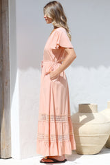 Narissa Maxi Dress - A-Line Dress with Lace Splicing and Flutter Sleeves in Blush
