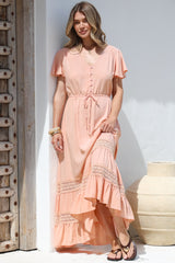 Narissa Maxi Dress - A-Line Dress with Lace Splicing and Flutter Sleeves in Blush