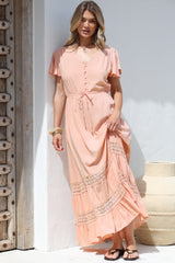 Narissa Maxi Dress - A-Line Dress with Lace Splicing and Flutter Sleeves in Blush