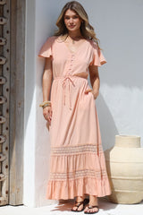 Narissa Maxi Dress - A-Line Dress with Lace Splicing and Flutter Sleeves in Blush