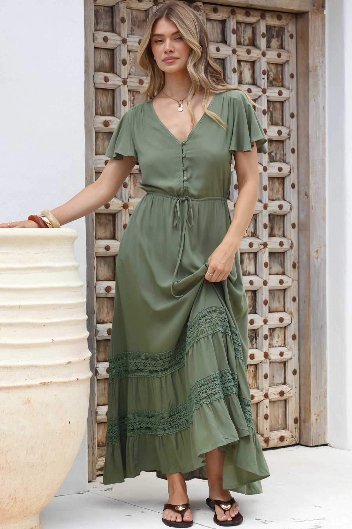 Narissa Maxi Dress - A-Line Dress with Lace Splicing and Flutter Sleeves in Khaki