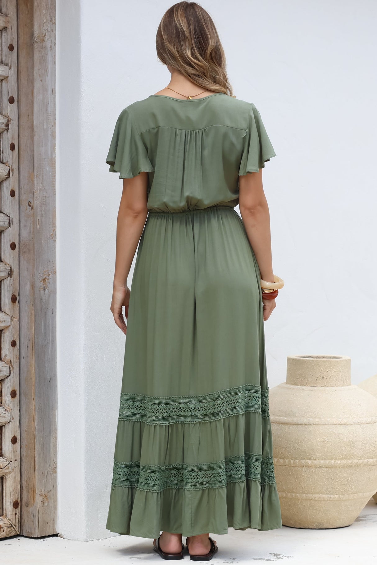 Narissa Maxi Dress - A-Line Dress with Lace Splicing and Flutter Sleeves in Khaki