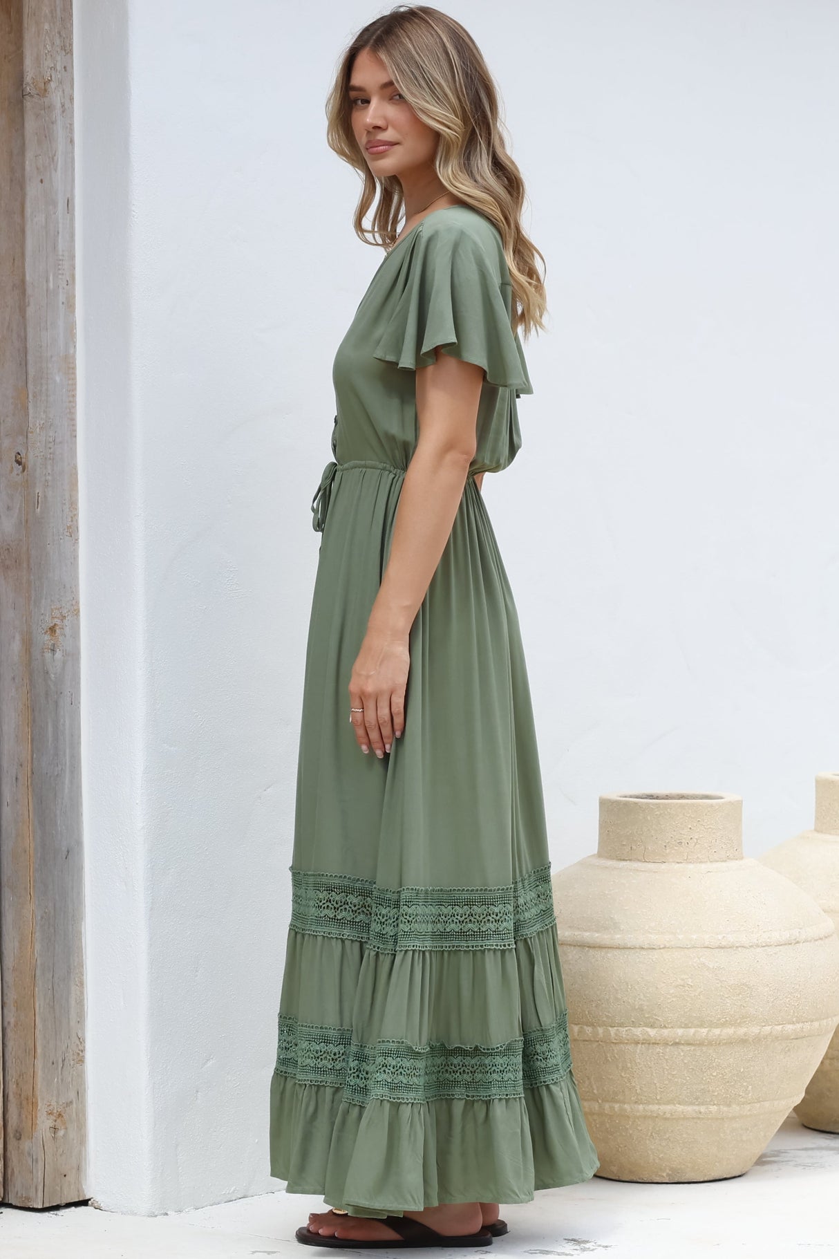 Narissa Maxi Dress - A-Line Dress with Lace Splicing and Flutter Sleeves in Khaki