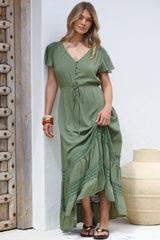 Narissa Maxi Dress - A-Line Dress with Lace Splicing and Flutter Sleeves in Khaki