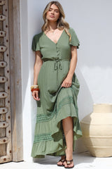 Narissa Maxi Dress - A-Line Dress with Lace Splicing and Flutter Sleeves in Khaki