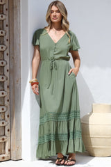 Narissa Maxi Dress - A-Line Dress with Lace Splicing and Flutter Sleeves in Khaki