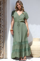 Narissa Maxi Dress - A-Line Dress with Lace Splicing and Flutter Sleeves in Khaki