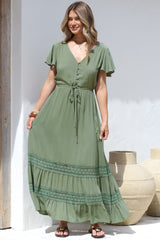 Narissa Maxi Dress - A-Line Dress with Lace Splicing and Flutter Sleeves in Khaki