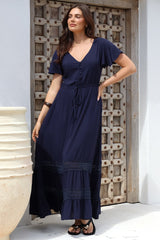 Narissa Maxi Dress - A-Line Dress with Lace Splicing and Flutter Sleeves in Navy