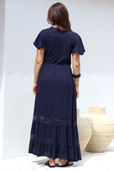 Narissa Maxi Dress - A-Line Dress with Lace Splicing and Flutter Sleeves in Navy