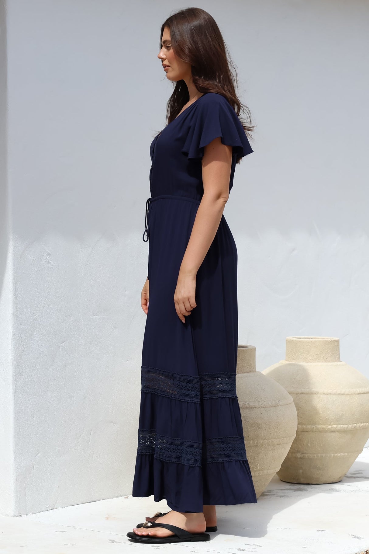 Narissa Maxi Dress - A-Line Dress with Lace Splicing and Flutter Sleeves in Navy