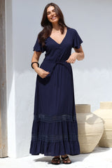 Narissa Maxi Dress - A-Line Dress with Lace Splicing and Flutter Sleeves in Navy