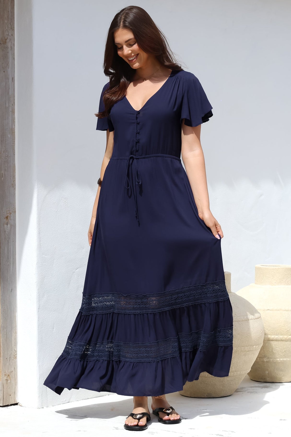 Narissa Maxi Dress - A-Line Dress with Lace Splicing and Flutter Sleeves in Navy