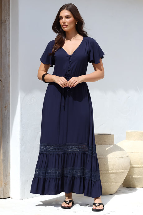 Narissa Maxi Dress - A-Line Dress with Lace Splicing and Flutter Sleeves in Navy