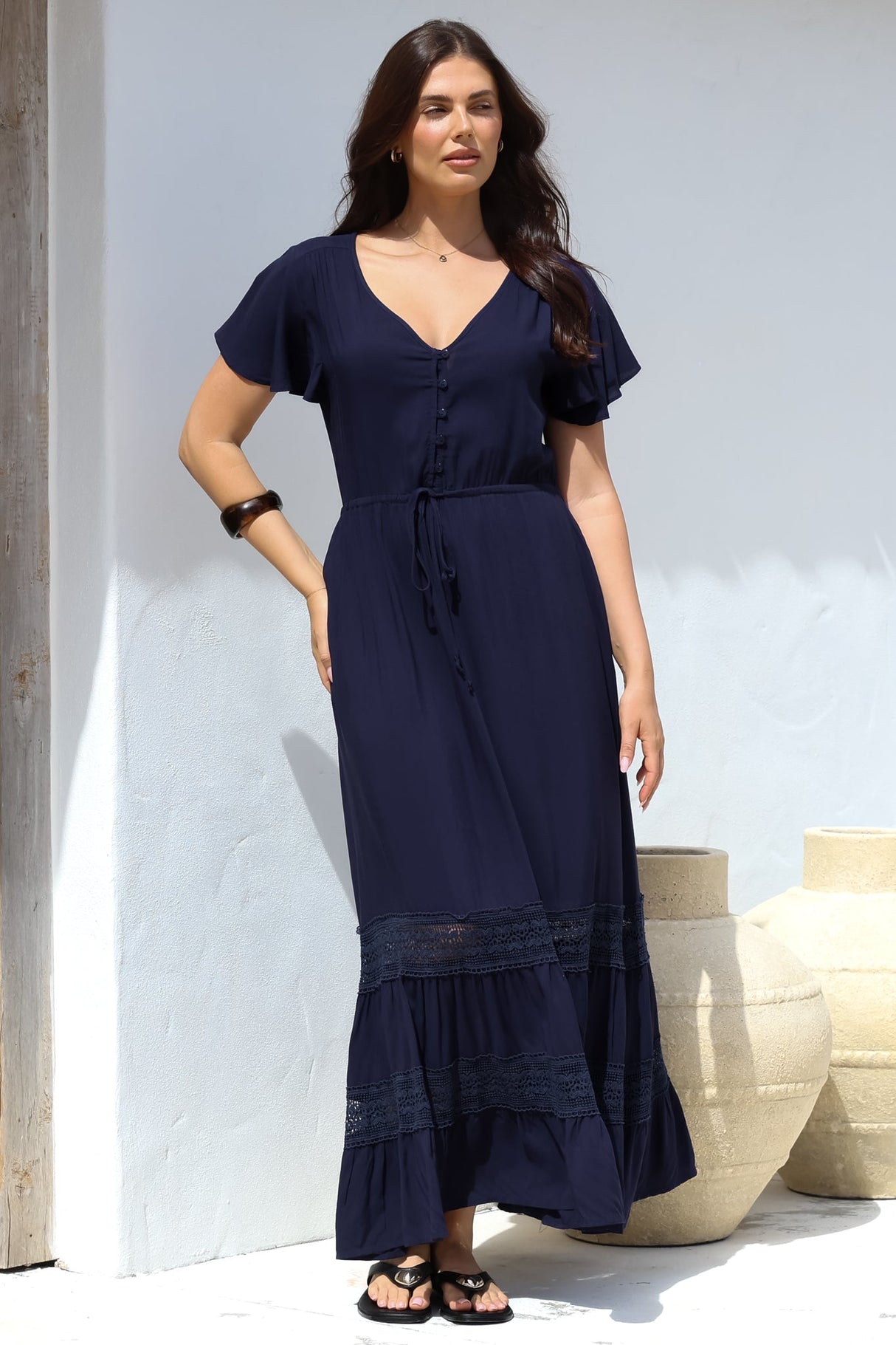 Narissa Maxi Dress - A-Line Dress with Lace Splicing and Flutter Sleeves in Navy