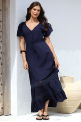 Narissa Maxi Dress - A-Line Dress with Lace Splicing and Flutter Sleeves in Navy
