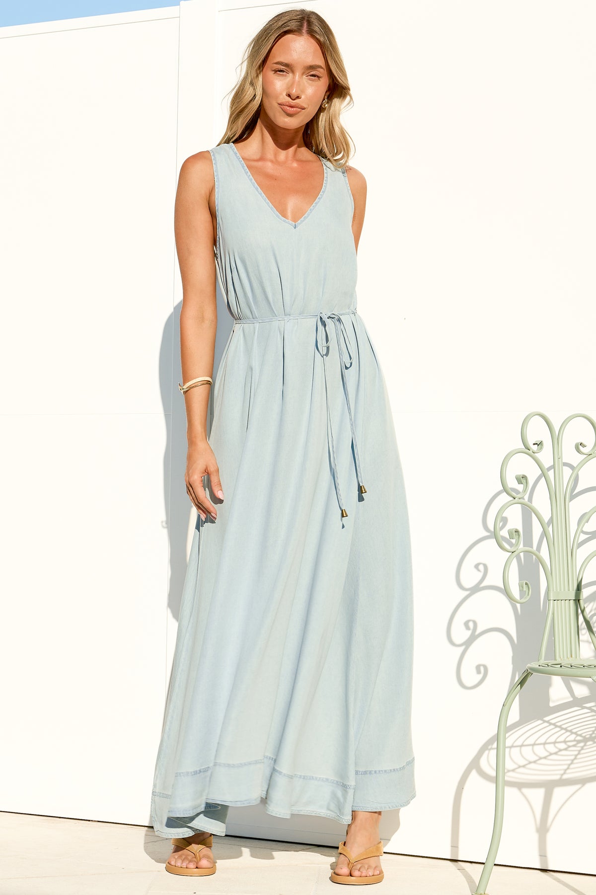 Nasrin Maxi Dress - V Neck Sleevess Dress with Waist Tie in Light Denim Wash