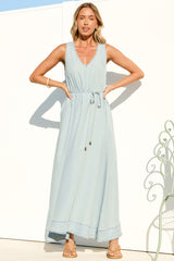 Nasrin Maxi Dress - V Neck Sleevess Dress with Waist Tie in Light Denim Wash