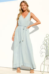 Nasrin Maxi Dress - V Neck Sleevess Dress with Waist Tie in Light Denim Wash