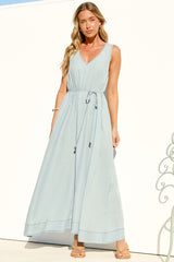 Nasrin Maxi Dress - V Neck Sleevess Dress with Waist Tie in Light Denim Wash