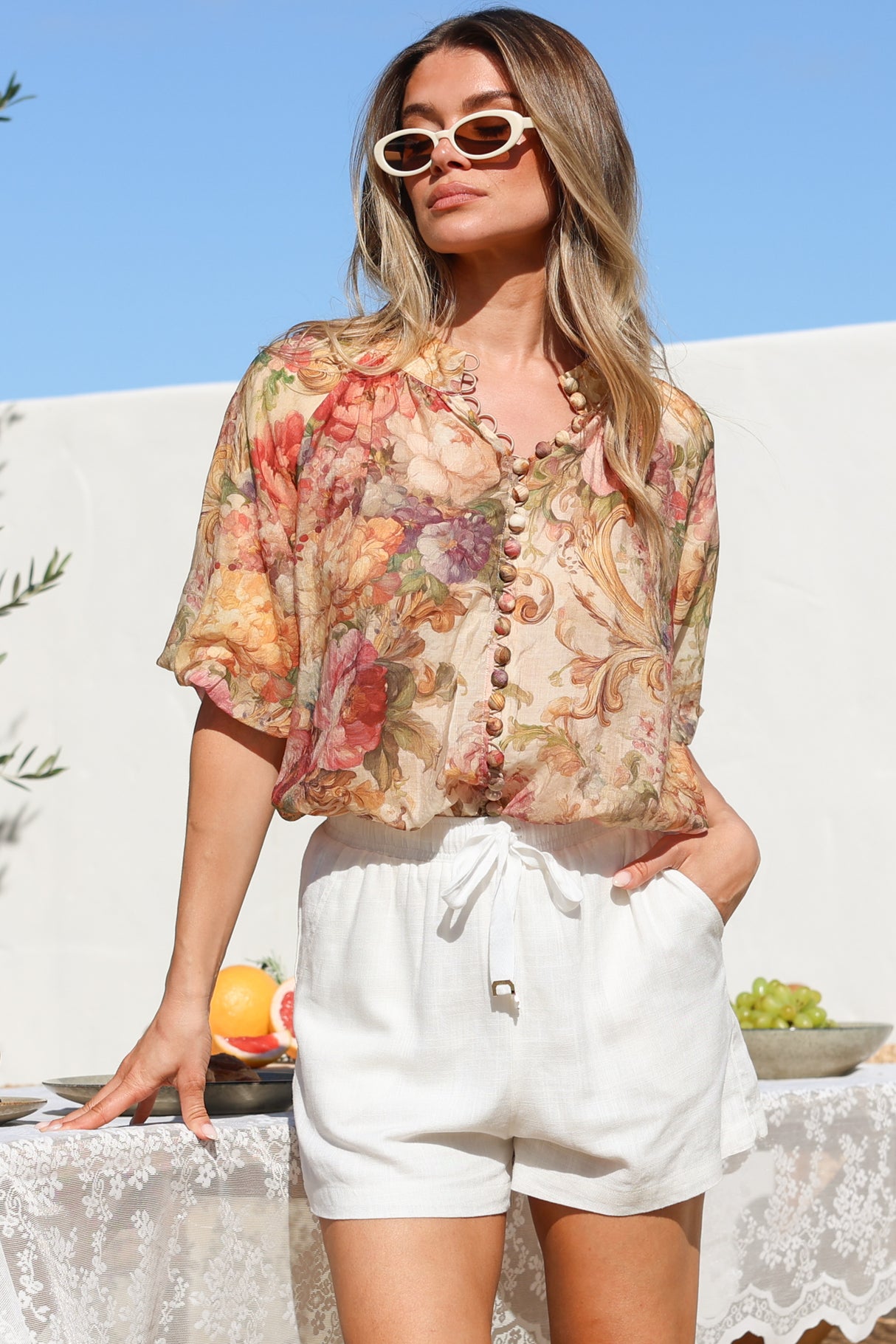 Natalia Blouse - Button Down Mandarin Collar Shirt in Azelia Print Cream