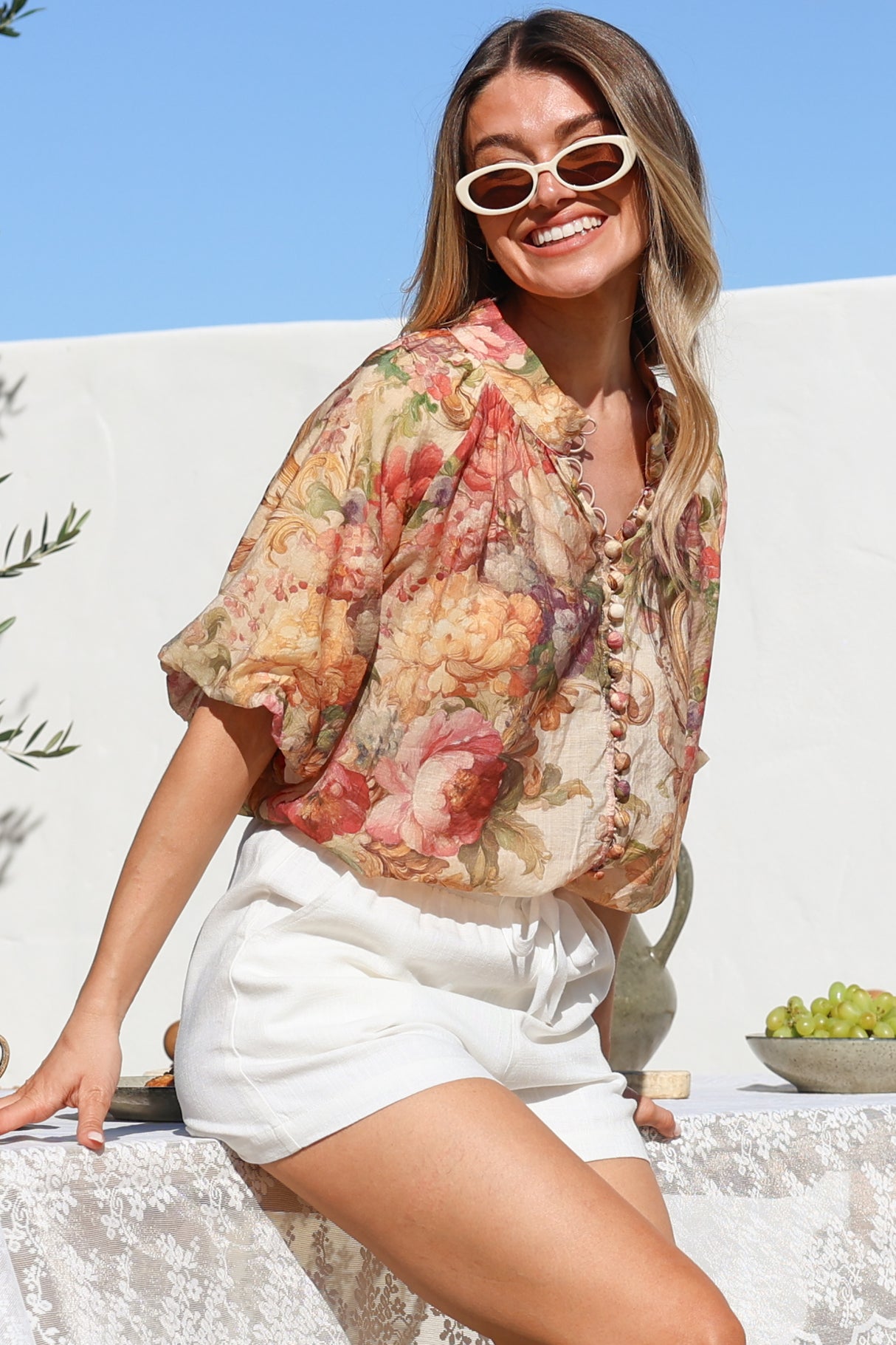 Natalia Blouse - Button Down Mandarin Collar Shirt in Azelia Print Cream