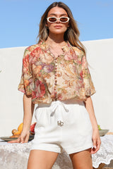 Natalia Blouse - Button Down Mandarin Collar Shirt in Azelia Print Cream