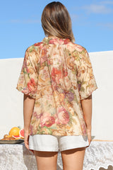 Natalia Blouse - Button Down Mandarin Collar Shirt in Azelia Print Cream