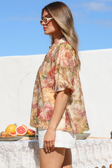 Natalia Blouse - Button Down Mandarin Collar Shirt in Azelia Print Cream