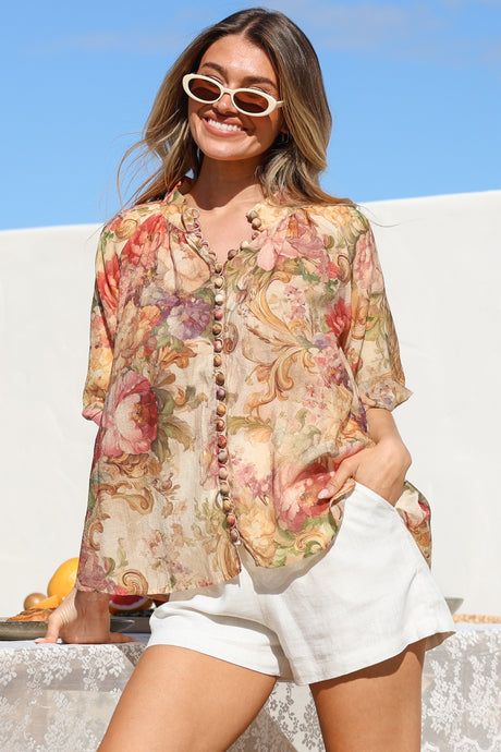 Natalia Blouse - Button Down Mandarin Collar Shirt in Azelia Print Cream