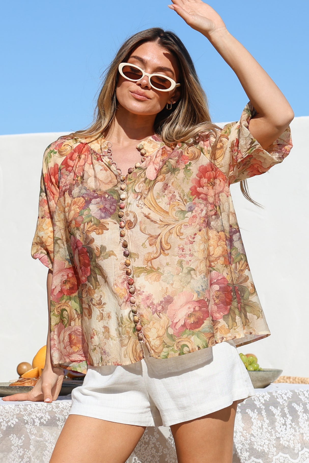 Natalia Blouse - Button Down Mandarin Collar Shirt in Azelia Print Cream