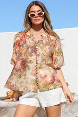 Natalia Blouse - Button Down Mandarin Collar Shirt in Azelia Print Cream