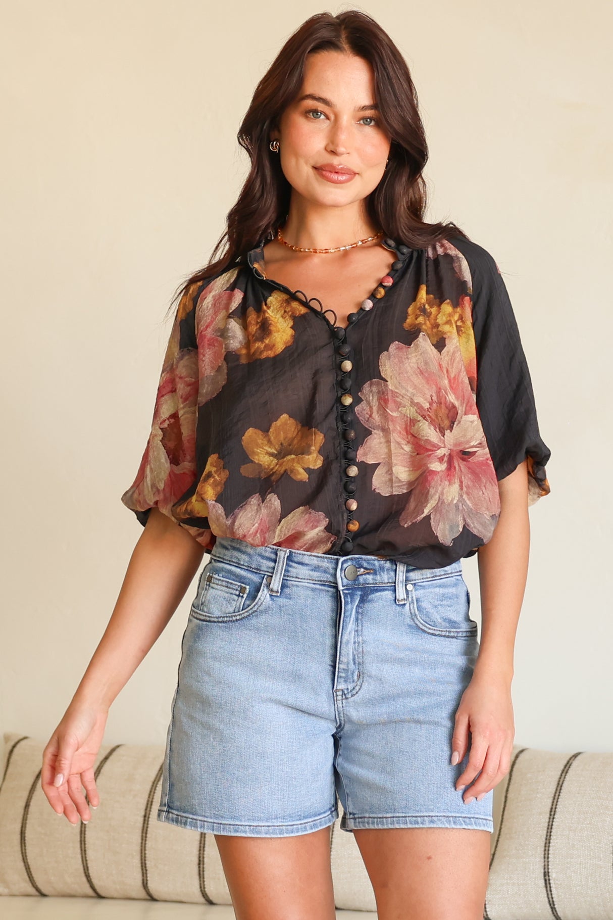 Natalia Blouse - Button Down Mandarin Collar Shirt in Balena Print Black