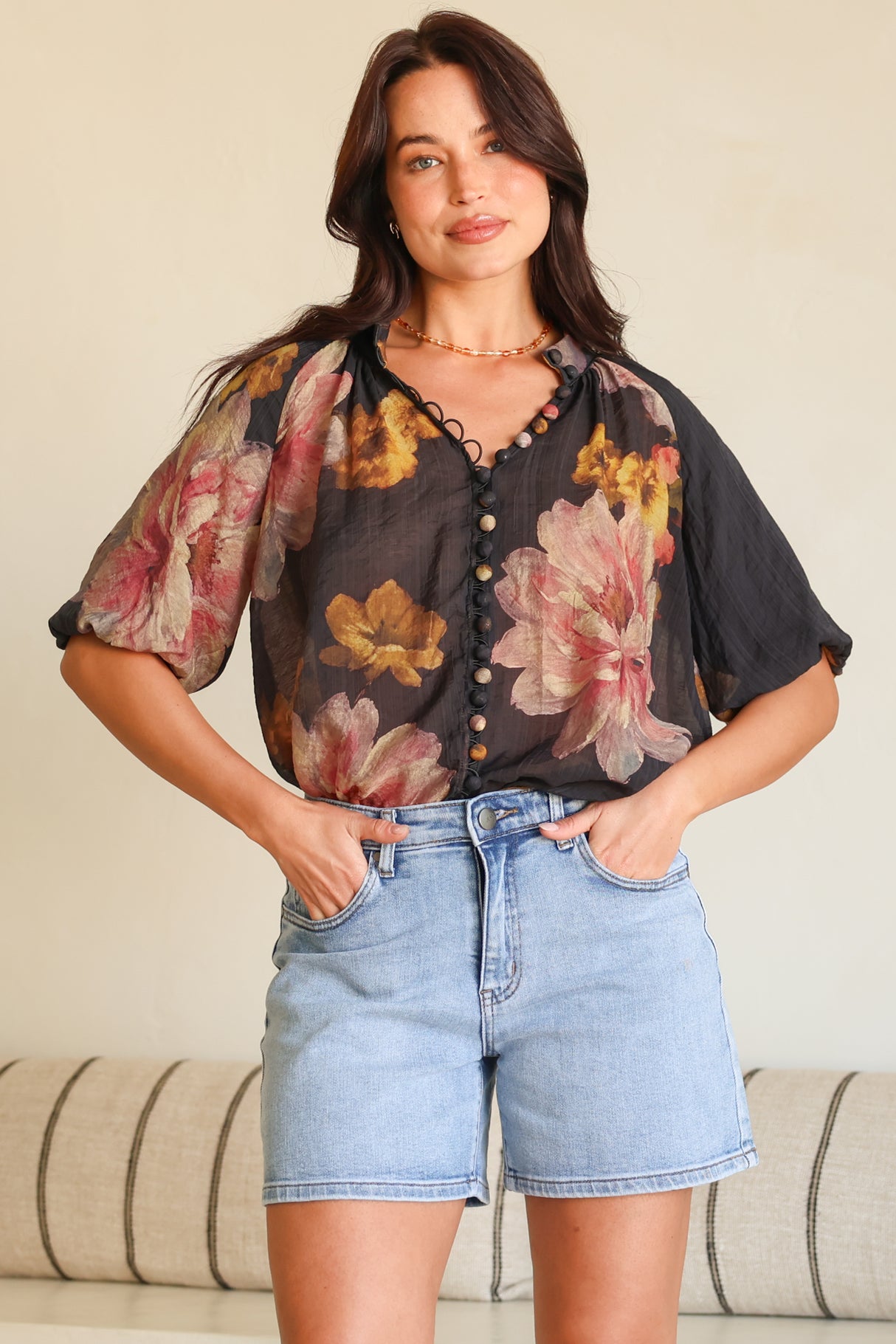 Natalia Blouse - Button Down Mandarin Collar Shirt in Balena Print Black