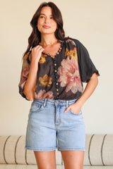 Natalia Blouse - Button Down Mandarin Collar Shirt in Balena Print Black