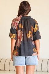 Natalia Blouse - Button Down Mandarin Collar Shirt in Balena Print Black
