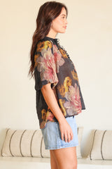 Natalia Blouse - Button Down Mandarin Collar Shirt in Balena Print Black