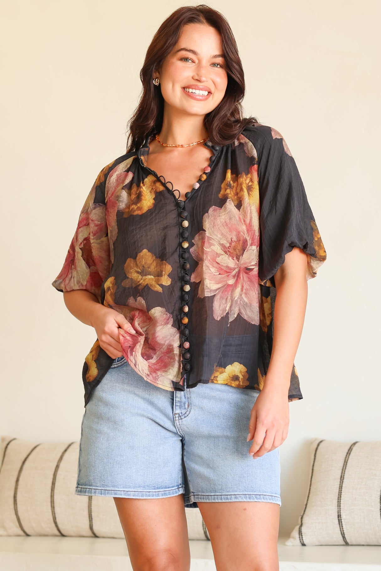 Natalia Blouse - Button Down Mandarin Collar Shirt in Balena Print Black