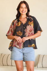 Natalia Blouse - Button Down Mandarin Collar Shirt in Balena Print Black