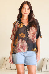 Natalia Blouse - Button Down Mandarin Collar Shirt in Balena Print Black