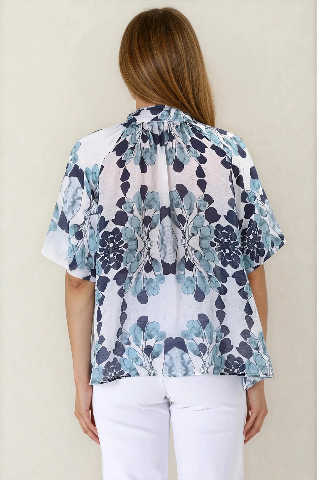 Natalia Blouse - Button Down Mandarin Collar Shirt in Calea Blue Print