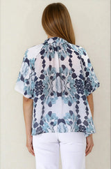 Natalia Blouse - Button Down Mandarin Collar Shirt in Calea Blue Print