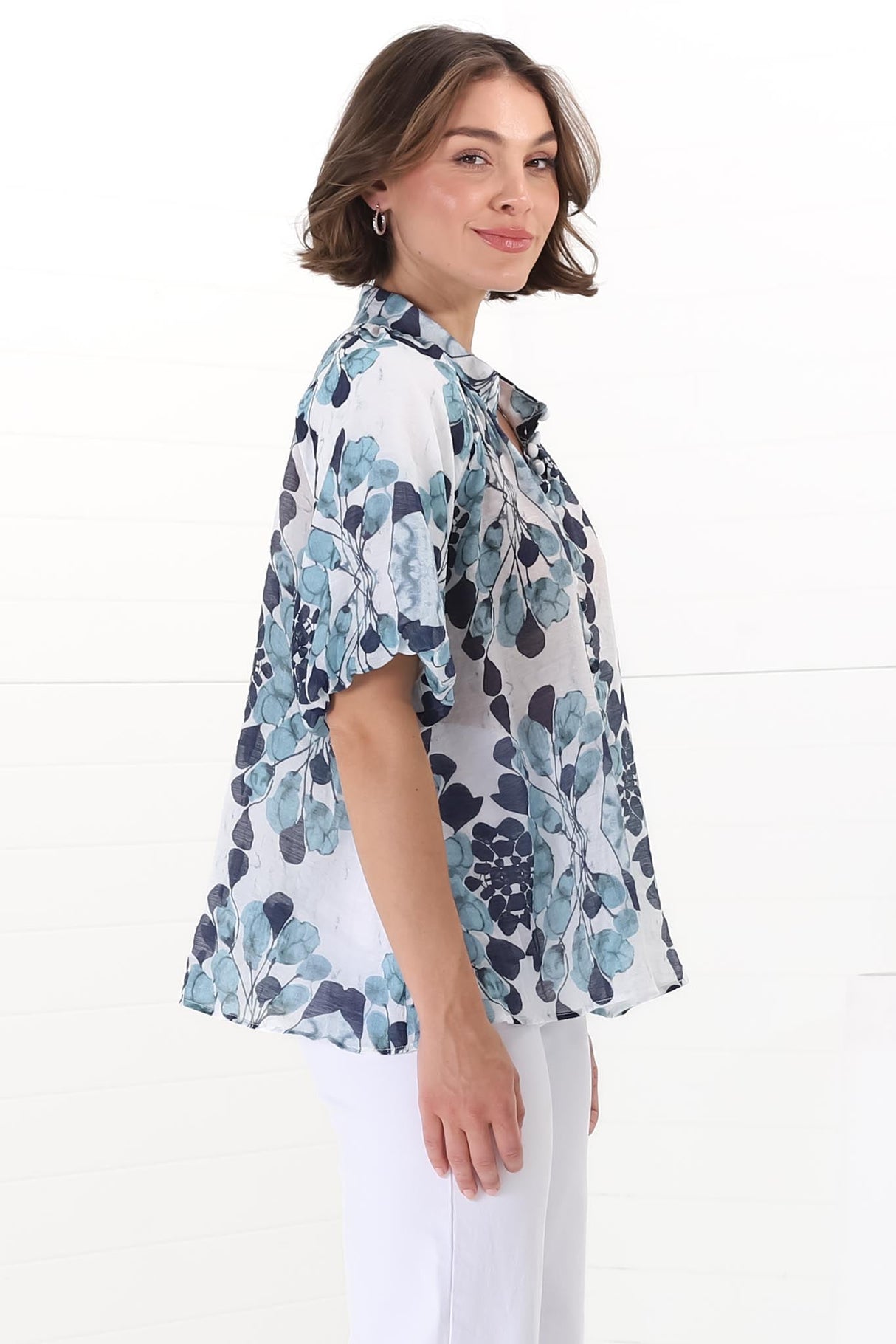 Natalia Blouse - Button Down Mandarin Collar Shirt in Calea Blue Print