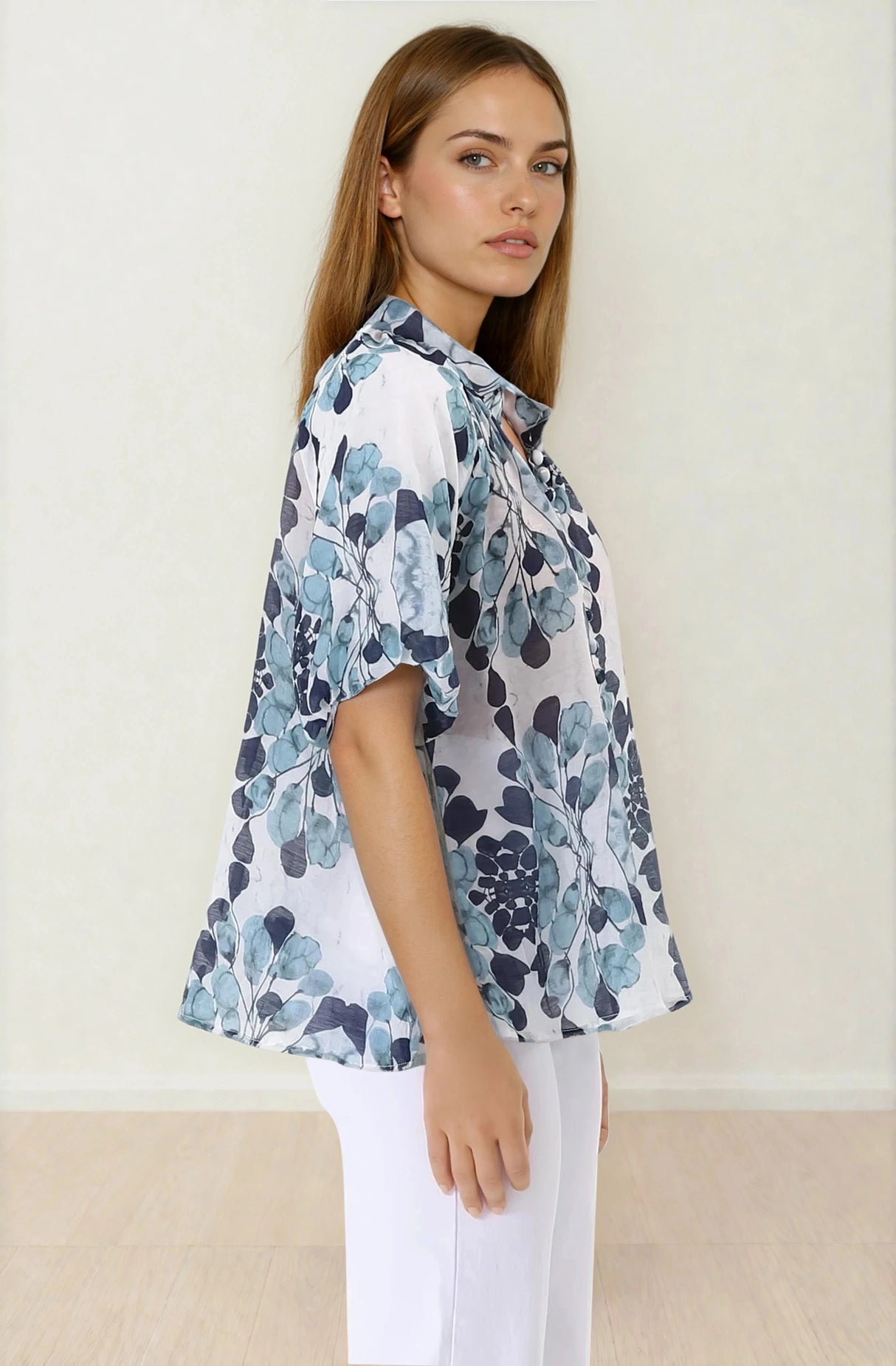 Natalia Blouse - Button Down Mandarin Collar Shirt in Calea Blue Print