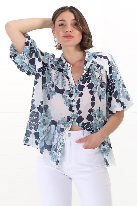 Natalia Blouse - Button Down Mandarin Collar Shirt in Calea Blue Print