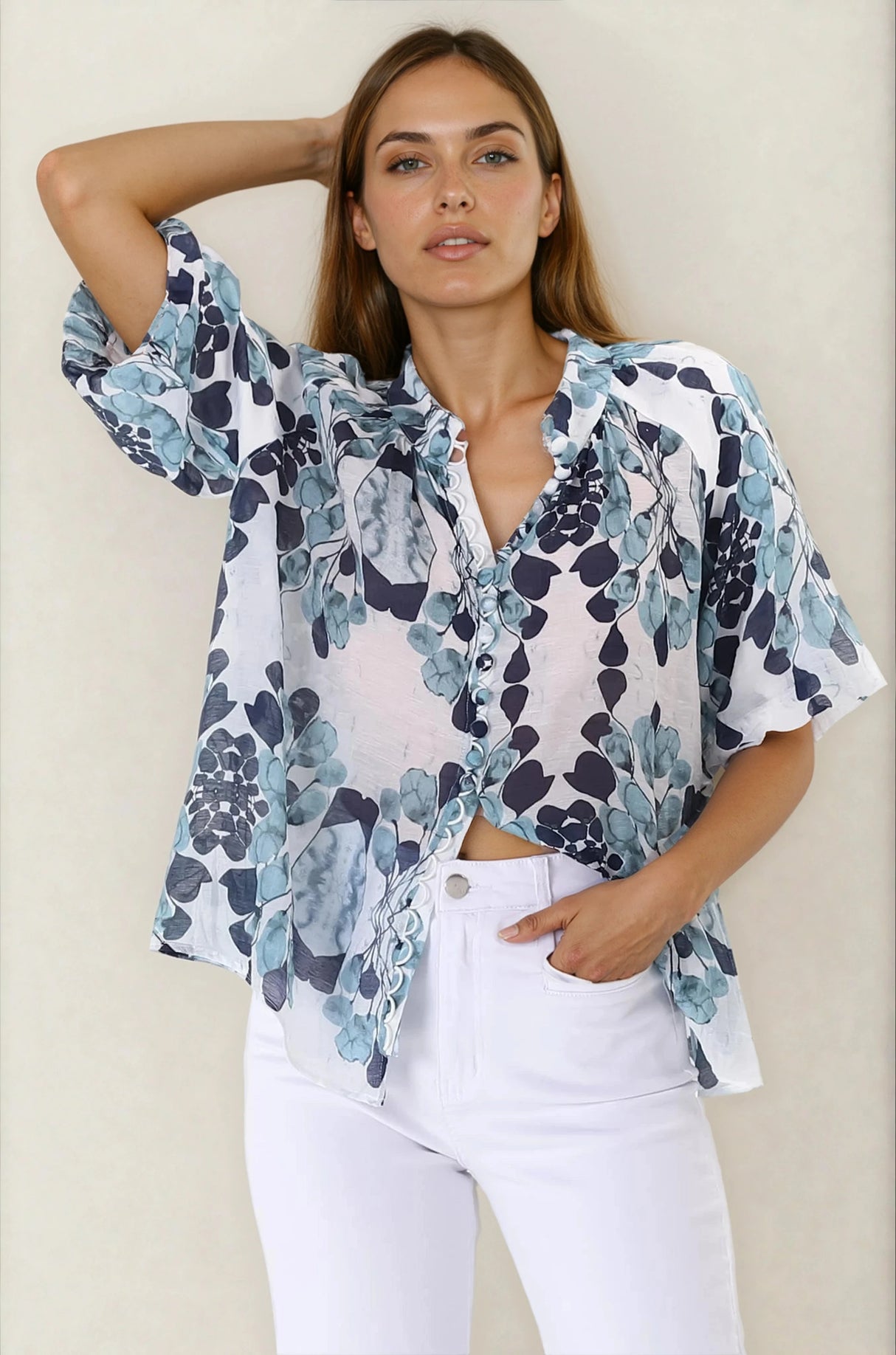 Natalia Blouse - Button Down Mandarin Collar Shirt in Calea Blue Print